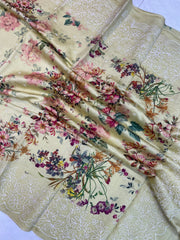 Pure Chiniya Silk Handloom Banarasi Saree Digital Print with Chikankari - The Handlooms