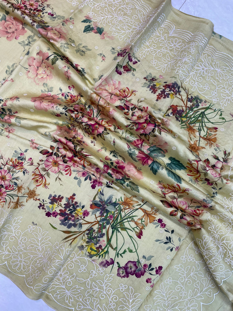 Pure Chiniya Silk Handloom Banarasi Saree Digital Print with Chikankari - The Handlooms