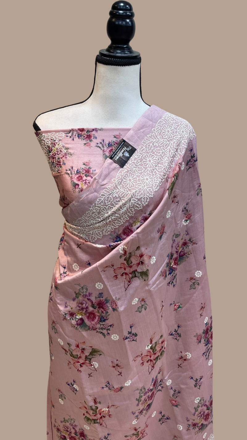 Pure Chiniya Silk Handloom Banarasi Saree Digital Print with Chikankari - The Handlooms