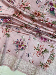 Pure Chiniya Silk Handloom Banarasi Saree Digital Print with Chikankari - The Handlooms