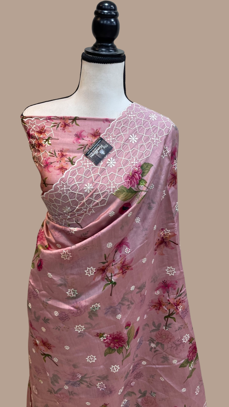 Pure Chiniya Silk Handloom Banarasi Saree Digital Print with Chikankari - The Handlooms