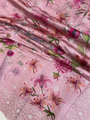 Pure Chiniya Silk Handloom Banarasi Saree Digital Print with Chikankari - The Handlooms