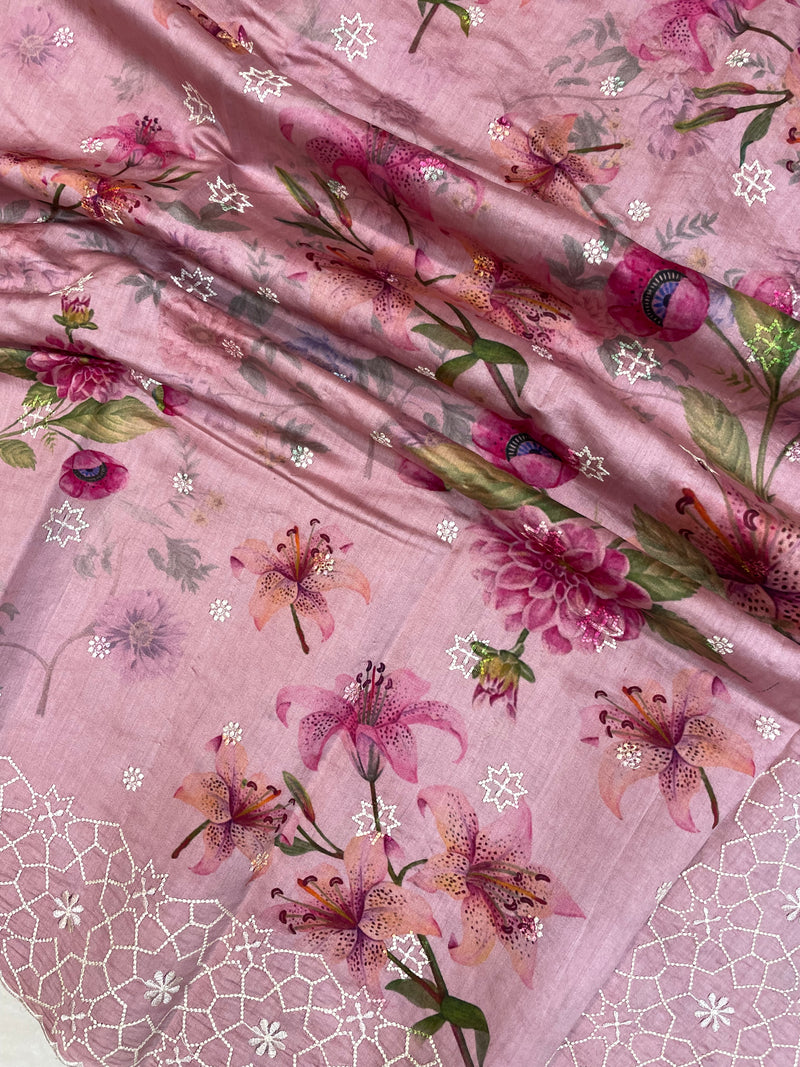 Pure Chiniya Silk Handloom Banarasi Saree Digital Print with Chikankari - The Handlooms