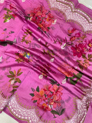 Pure Chiniya Silk Handloom Banarasi Saree Digital Print with Chikankari - The Handlooms