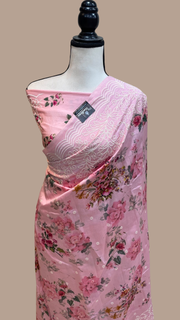 Pure Chiniya Silk Handloom Banarasi Saree Digital Print with Chikankari - The Handlooms