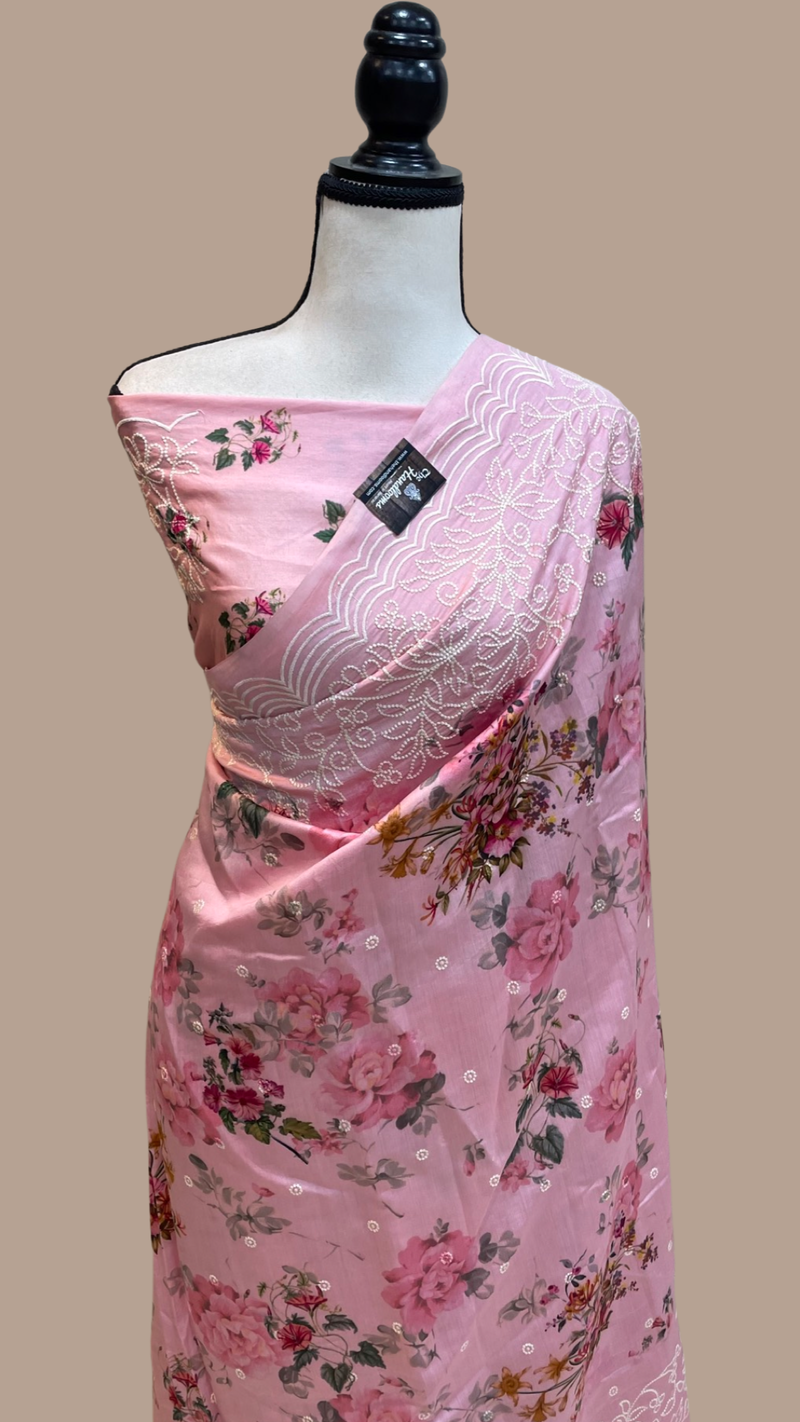 Pure Chiniya Silk Handloom Banarasi Saree Digital Print with Chikankari - The Handlooms