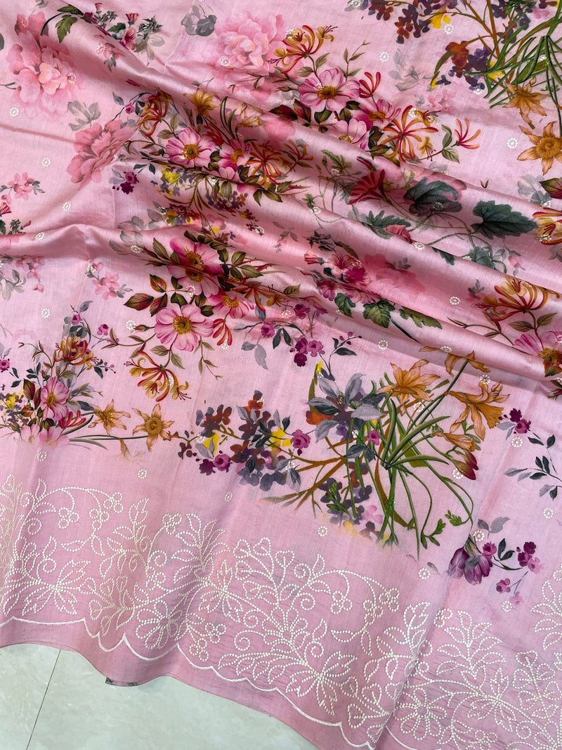 Pure Chiniya Silk Handloom Banarasi Saree Digital Print with Chikankari - The Handlooms