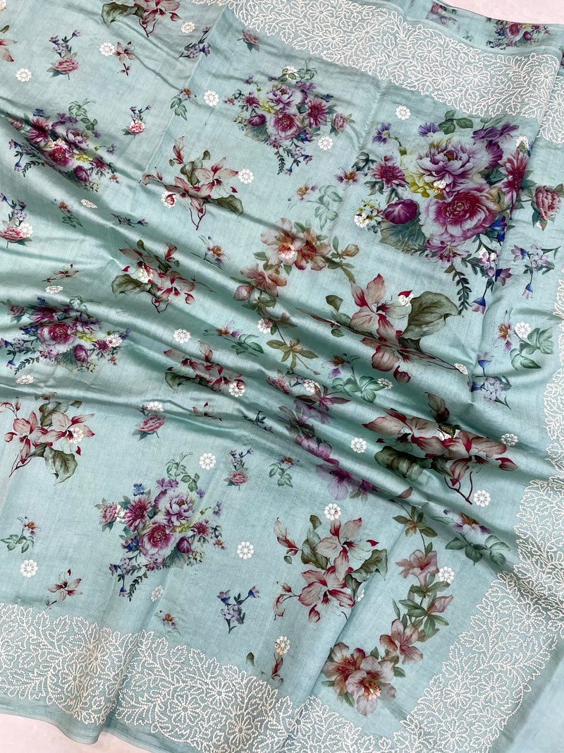 Pure Chiniya Silk Handloom Banarasi Saree Digital Print with Chikankari - The Handlooms