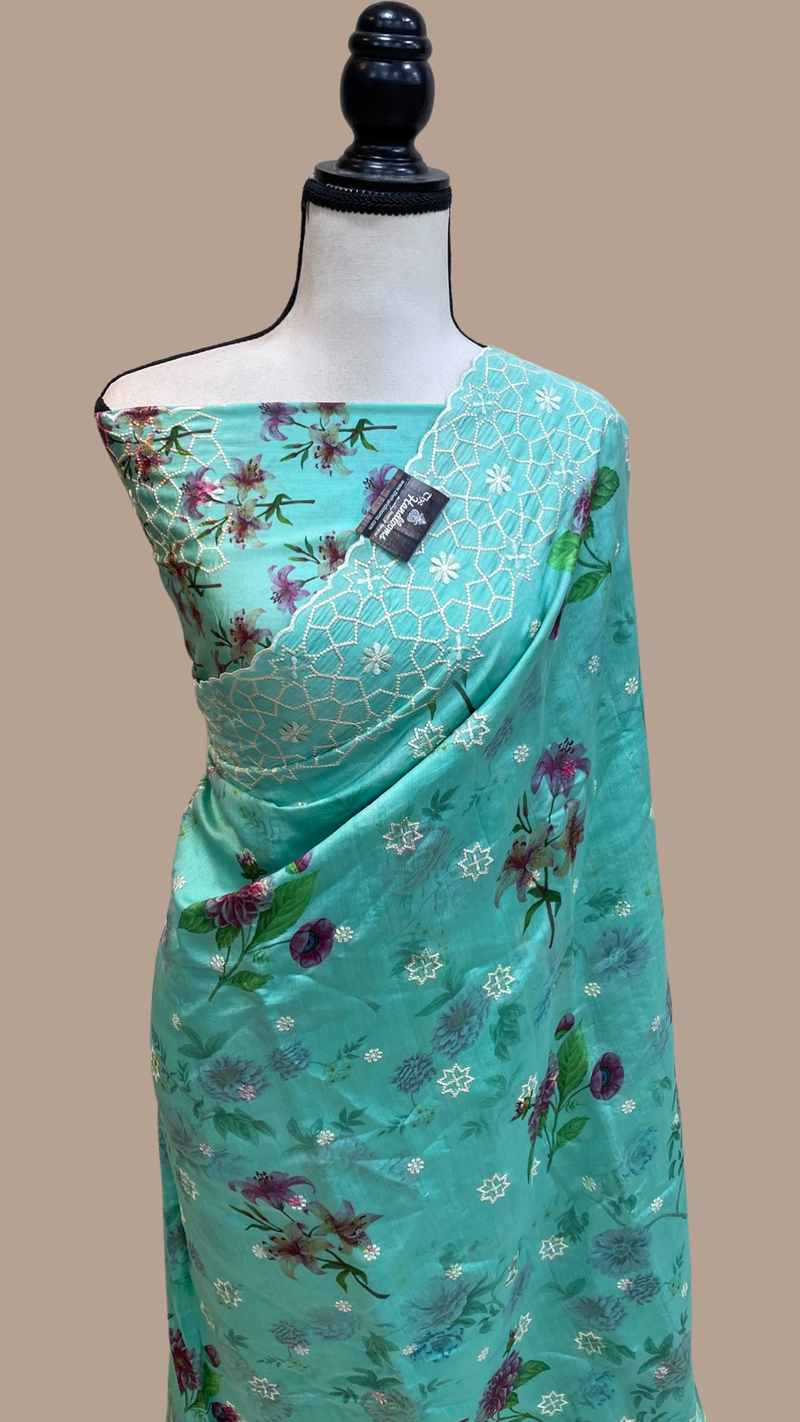 Pure Chiniya Silk Handloom Banarasi Saree Digital Print with Chikankari - The Handlooms