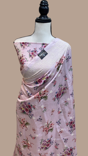 Pure Chiniya Silk Handloom Banarasi Saree Digital Print with Chikankari - The Handlooms