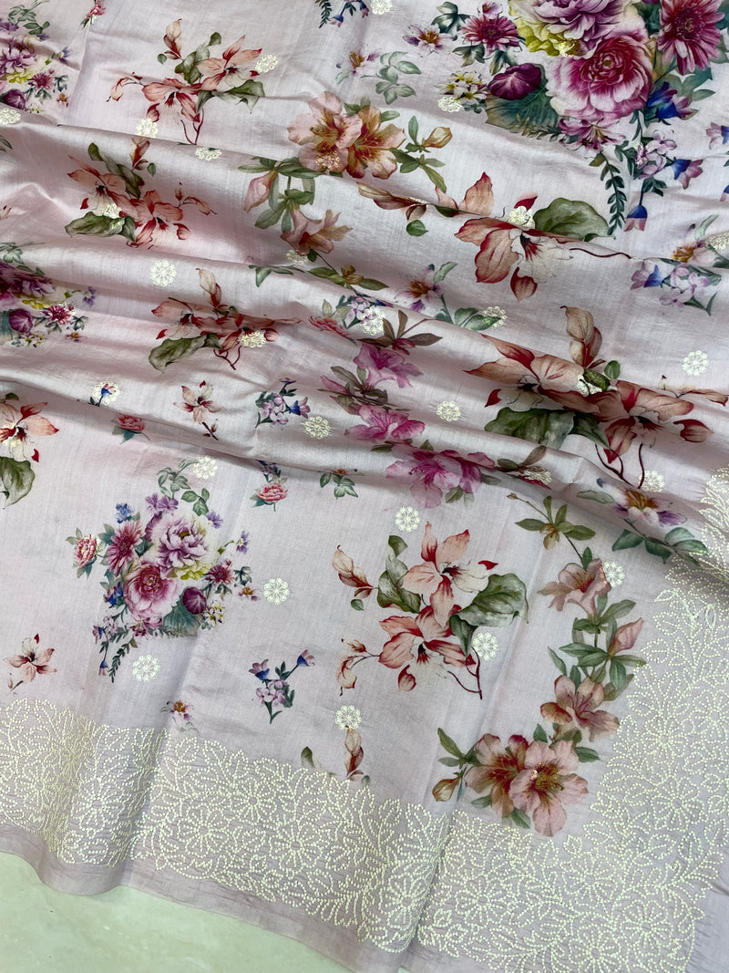 Pure Chiniya Silk Handloom Banarasi Saree Digital Print with Chikankari - The Handlooms