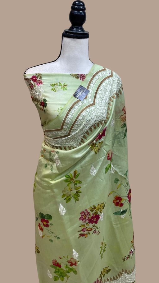 Pure Chiniya Silk Handloom Banarasi Saree Digital Print with Chikankari - The Handlooms