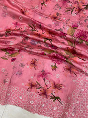 Pure Chiniya Silk Handloom Banarasi Saree Digital Print with Chikankari - The Handlooms
