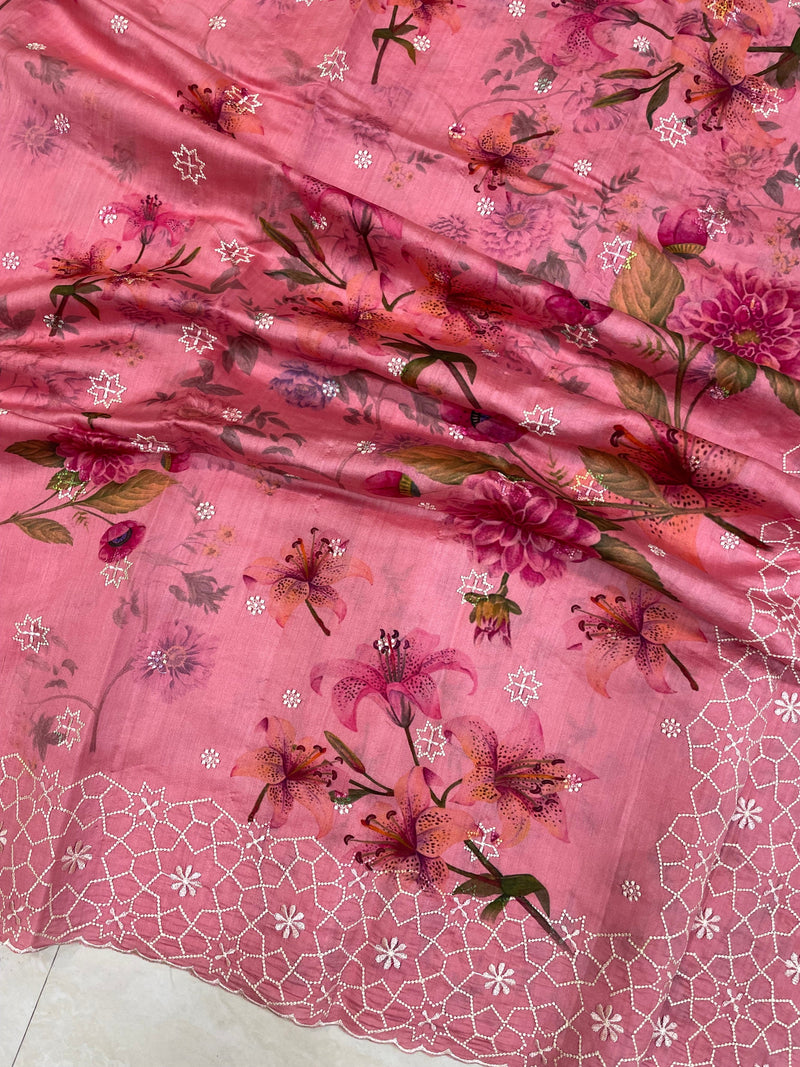 Pure Chiniya Silk Handloom Banarasi Saree Digital Print with Chikankari - The Handlooms