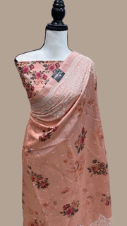 Pure Chiniya Silk Handloom Banarasi Saree Digital Print with Chikankari - The Handlooms