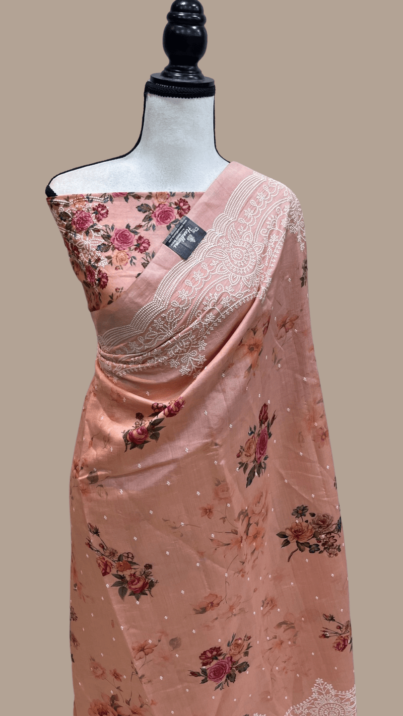 Pure Chiniya Silk Handloom Banarasi Saree Digital Print with Chikankari - The Handlooms