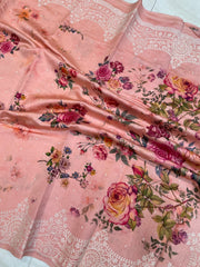 Pure Chiniya Silk Handloom Banarasi Saree Digital Print with Chikankari - The Handlooms