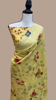 Pure Chiniya Silk Handloom Banarasi Saree Digital Print with Chikankari - The Handlooms