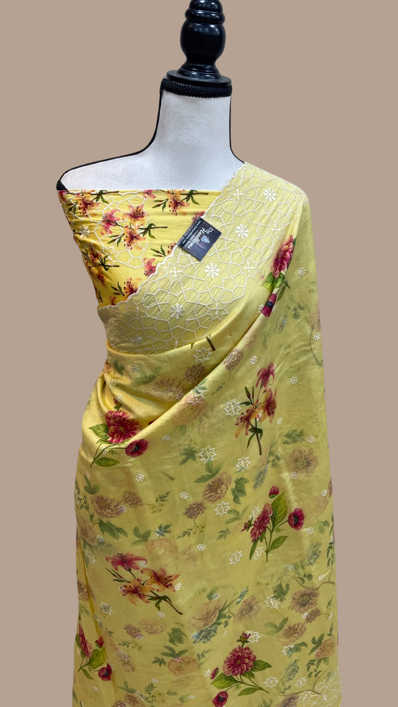 Pure Chiniya Silk Handloom Banarasi Saree Digital Print with Chikankari - The Handlooms