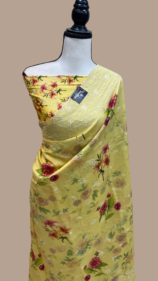 Pure Chiniya Silk Handloom Banarasi Saree Digital Print with Chikankari - The Handlooms