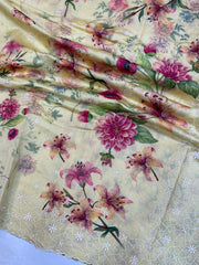 Pure Chiniya Silk Handloom Banarasi Saree Digital Print with Chikankari - The Handlooms