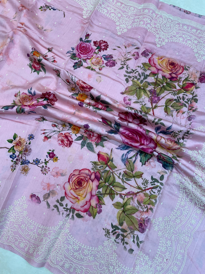 Pure Chiniya Silk Handloom Banarasi Saree Digital Print with Chikankari - The Handlooms