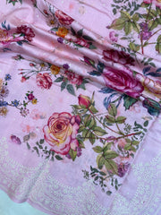 Pure Chiniya Silk Handloom Banarasi Saree Digital Print with Chikankari - The Handlooms