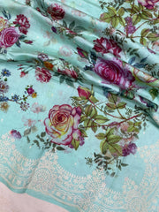 Pure Chiniya Silk Handloom Banarasi Saree Digital Print with Chikankari - The Handlooms