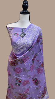 Pure Chiniya Silk Handloom Banarasi Saree Digital Print with Chikankari - The Handlooms