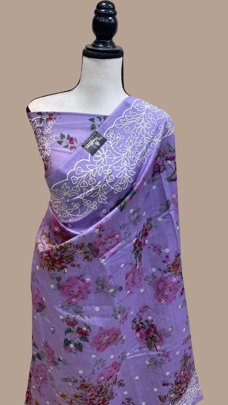 Pure Chiniya Silk Handloom Banarasi Saree Digital Print with Chikankari - The Handlooms