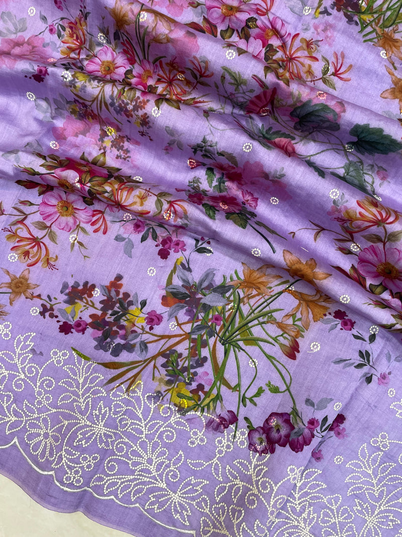 Pure Chiniya Silk Handloom Banarasi Saree Digital Print with Chikankari - The Handlooms