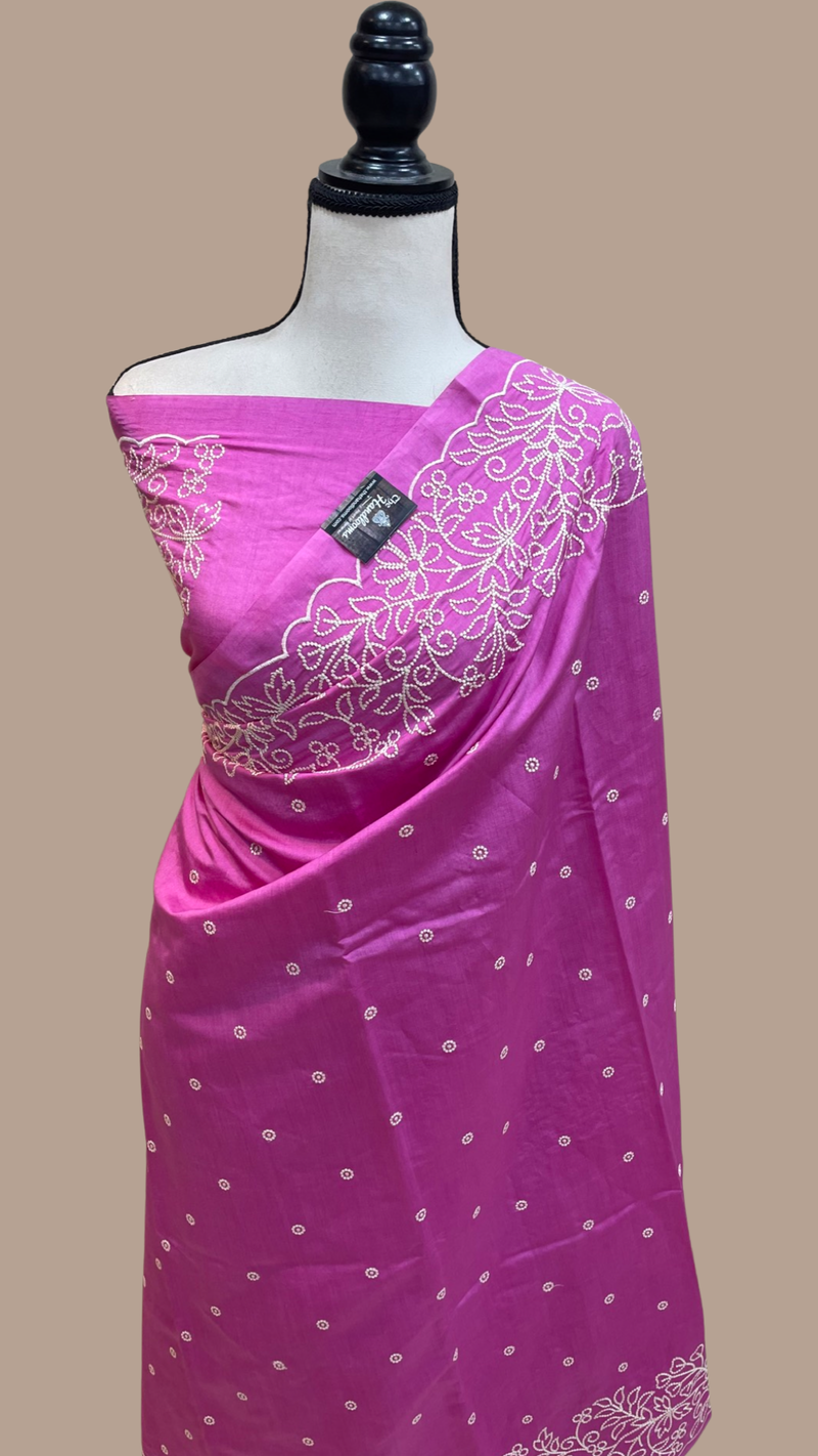 Pure Chiniya Silk Handloom Banarasi Saree with Chikankari - The Handlooms