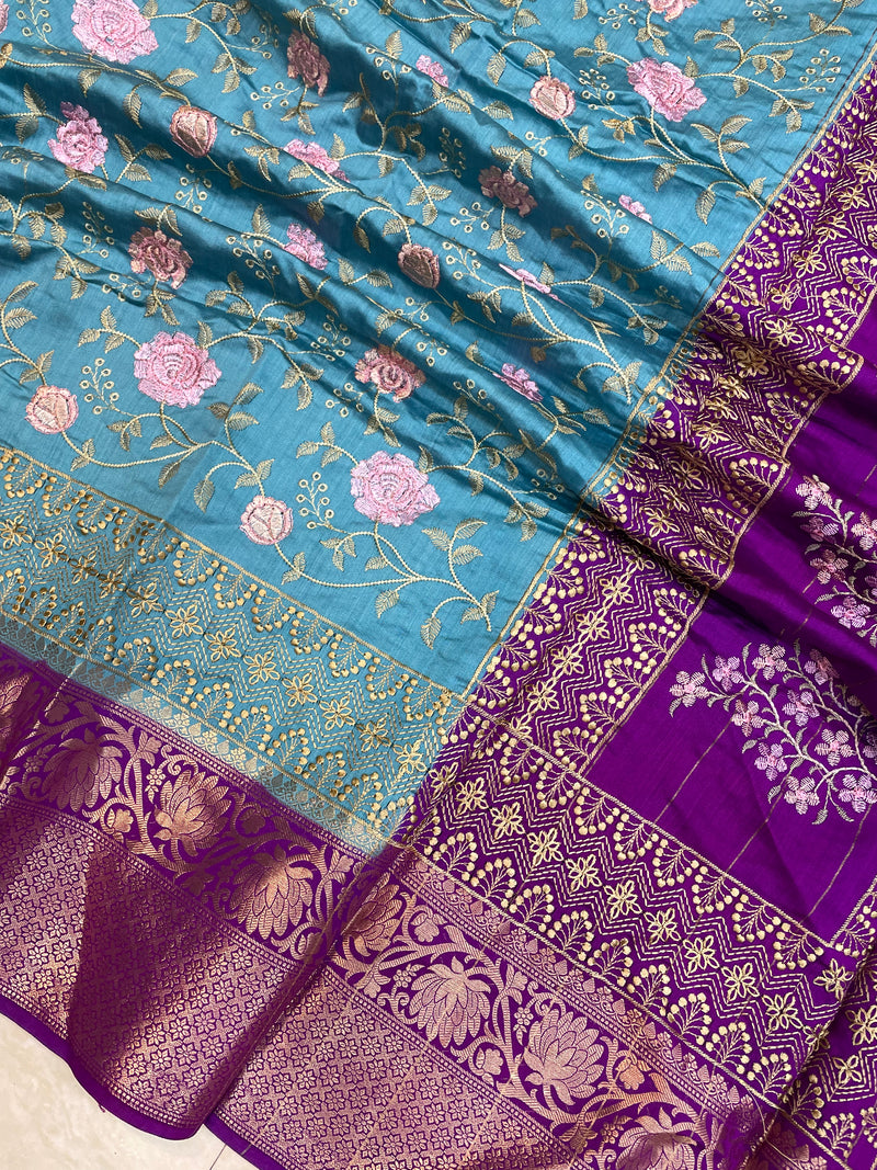 Pure Chiniya Silk Handloom Banarasi Saree With Chikankari - The Handlooms