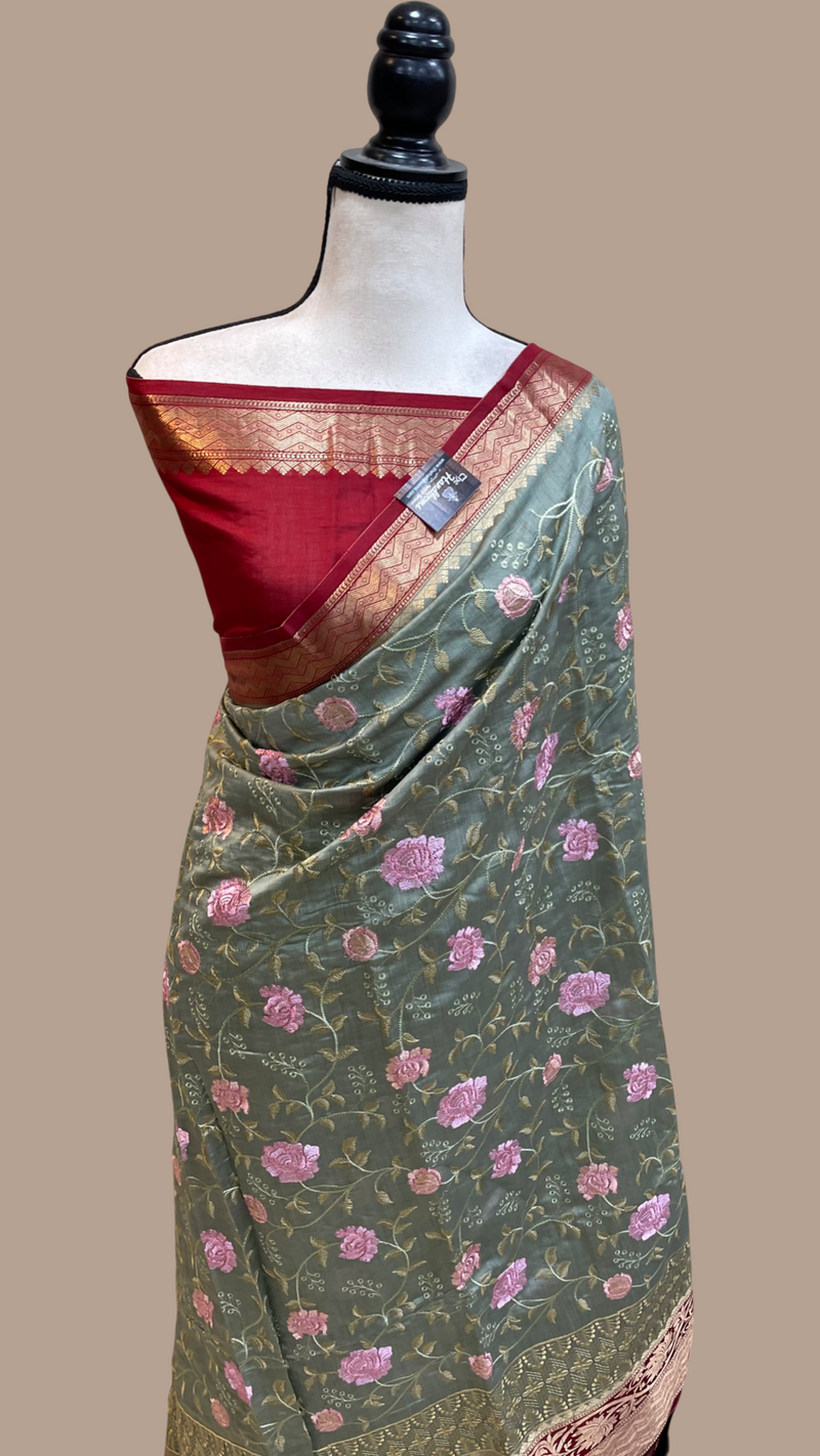 Pure Chiniya Silk Handloom Banarasi Saree With Chikankari - The Handlooms
