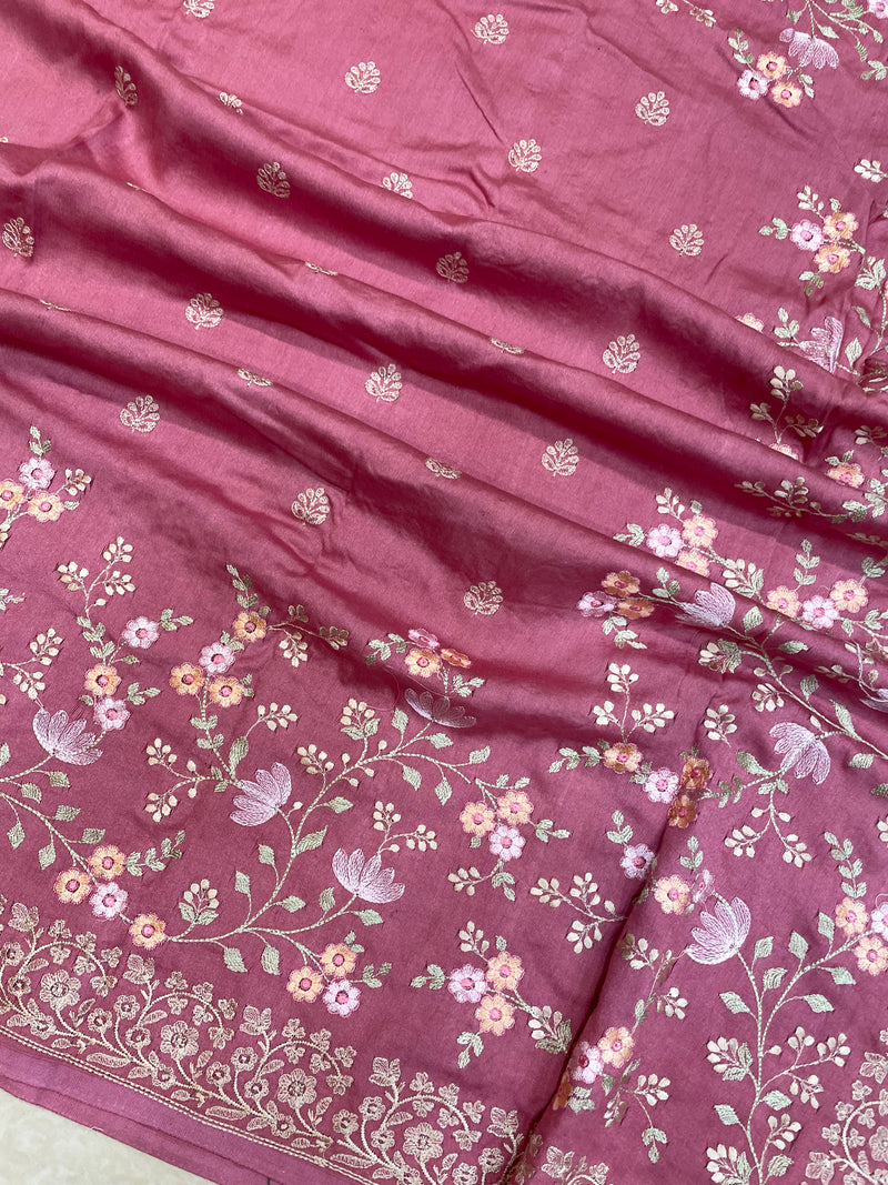 Pure Chiniya Silk Handloom Banarasi Saree With Chikankari - The Handlooms