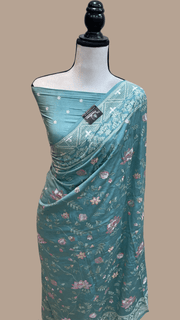 Pure Chiniya Silk Handloom Banarasi Saree With Chikankari - The Handlooms