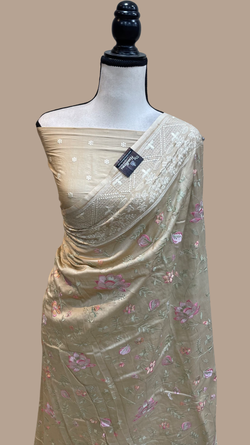 Pure Chiniya Silk Handloom Banarasi Saree With Chikankari - The Handlooms