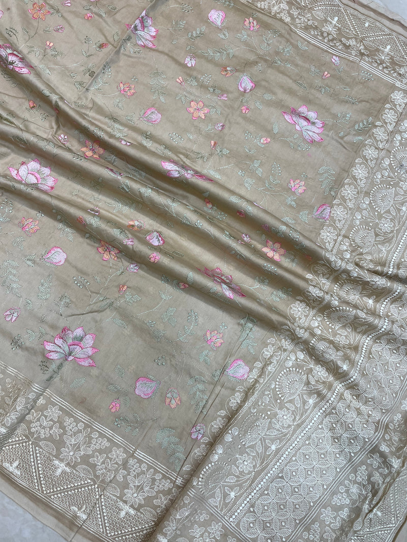 Pure Chiniya Silk Handloom Banarasi Saree With Chikankari - The Handlooms