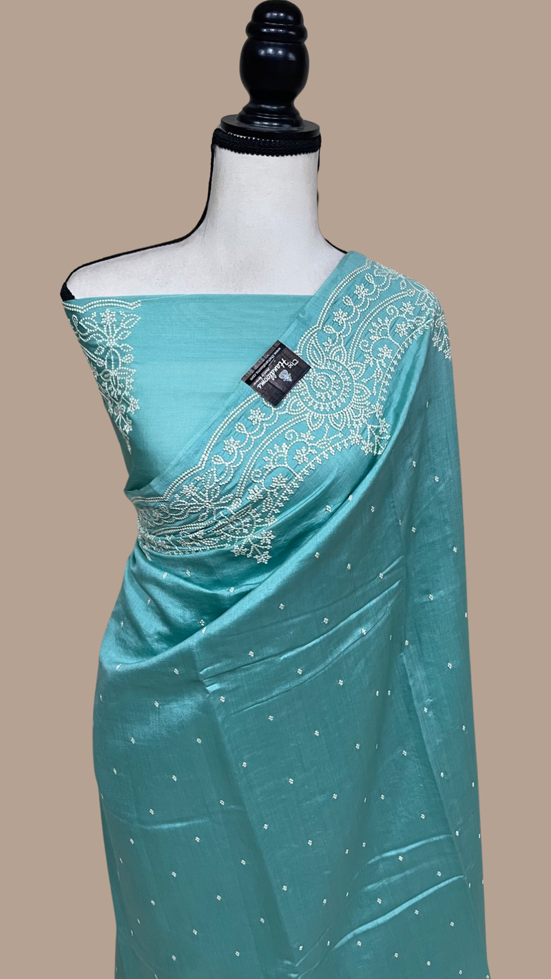 Pure Chiniya Silk Handloom Banarasi Saree With Chikankari - The Handlooms