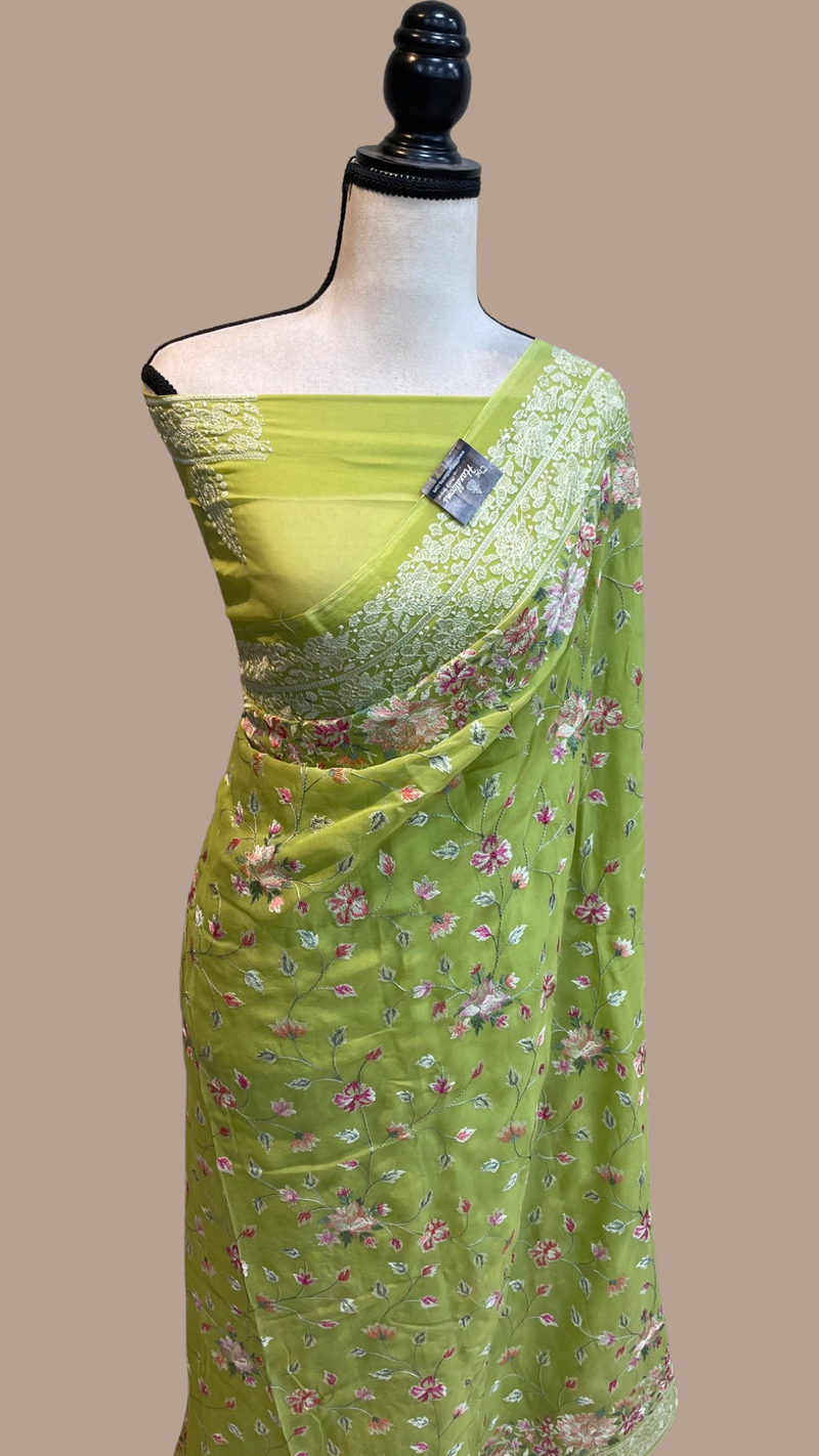 Pure Georgette Chikankari Handloom Banarasi Saree - The Handlooms