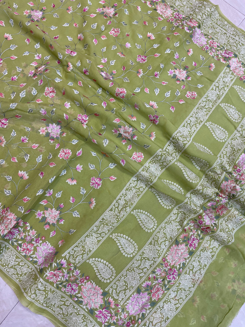 Pure Georgette Chikankari Handloom Banarasi Saree - The Handlooms
