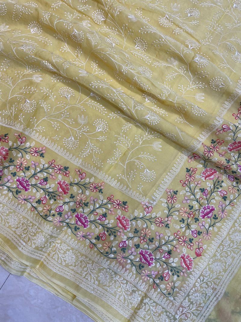 Pure Georgette Chikankari Handloom Banarasi Saree - The Handlooms
