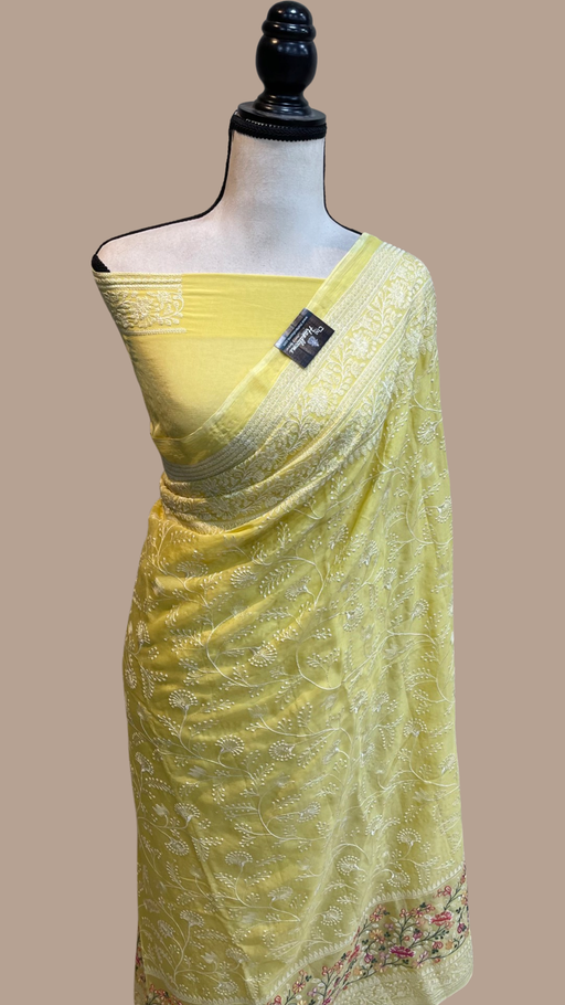 Pure Georgette Chikankari Handloom Banarasi Saree - The Handlooms