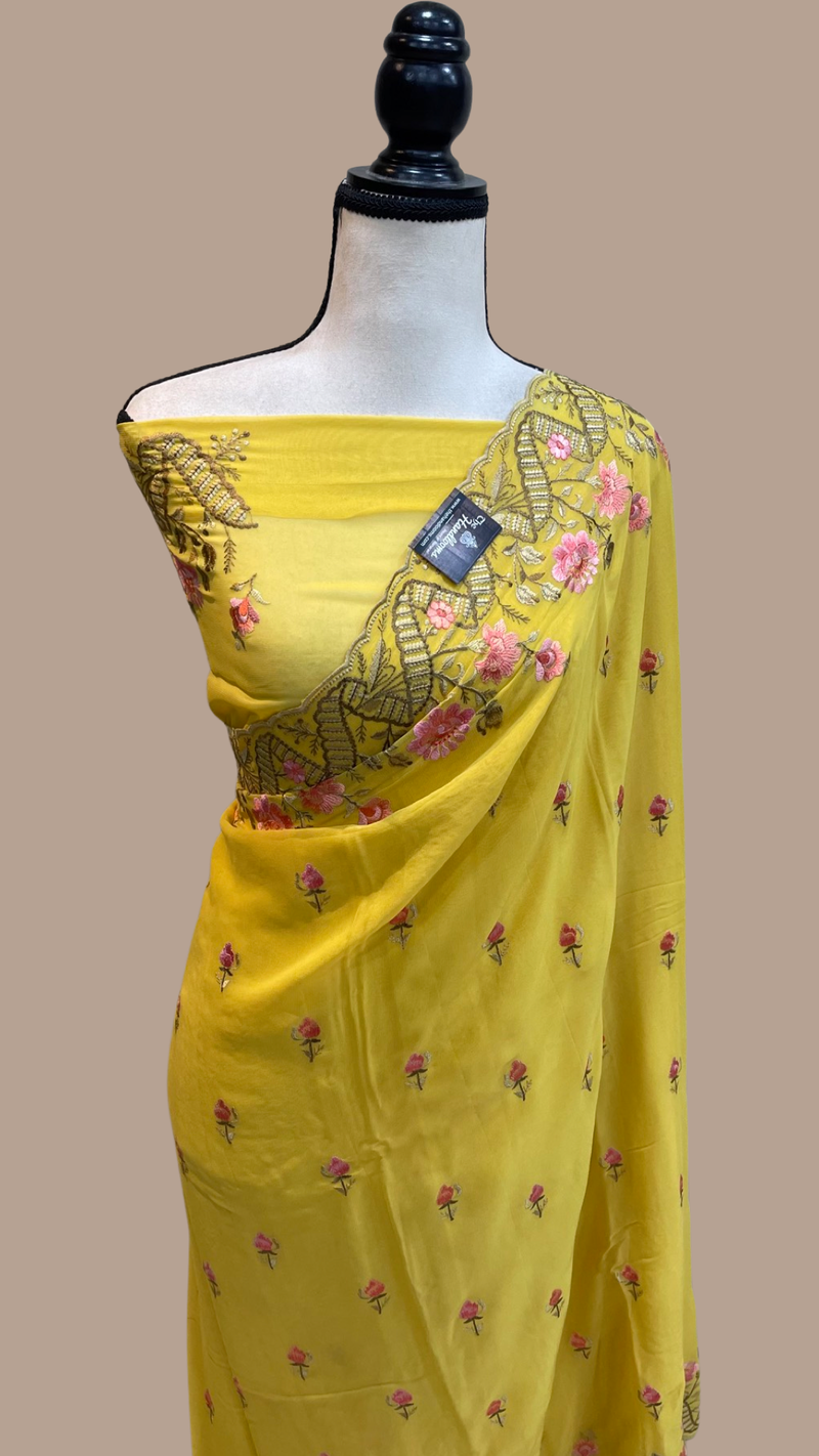 Pure Georgette Chikankari Handloom Banarasi Saree - The Handlooms