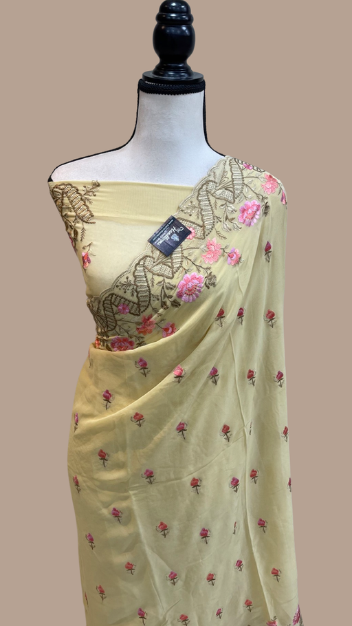 Pure Georgette Chikankari Handloom Banarasi Saree - The Handlooms