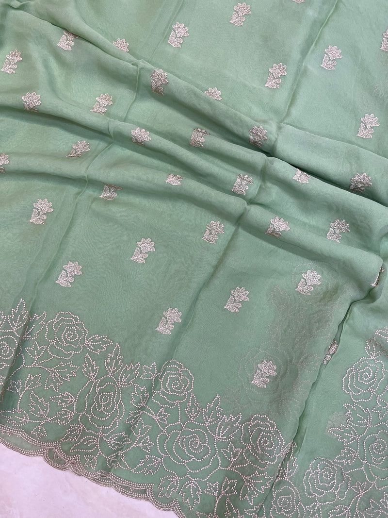 Pure Georgette Chikankari Handloom Banarasi Saree - The Handlooms