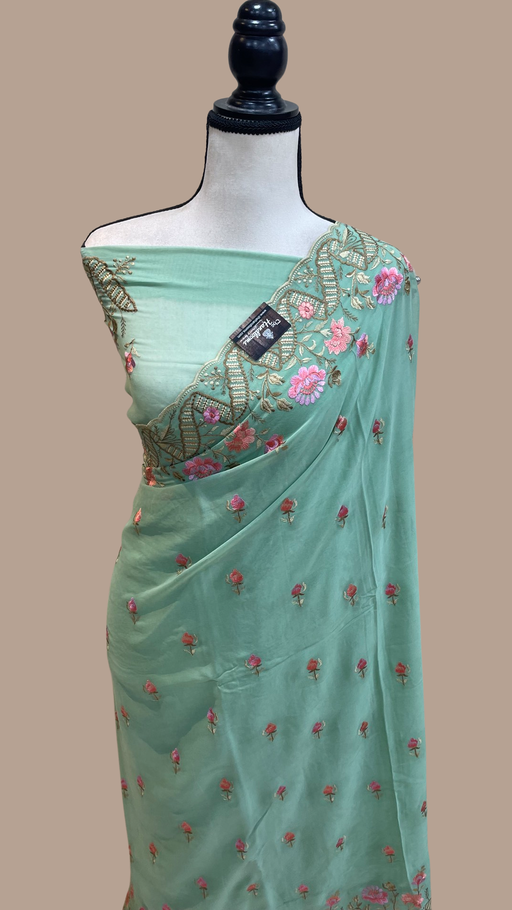 Pure Georgette Chikankari Handloom Banarasi Saree - The Handlooms