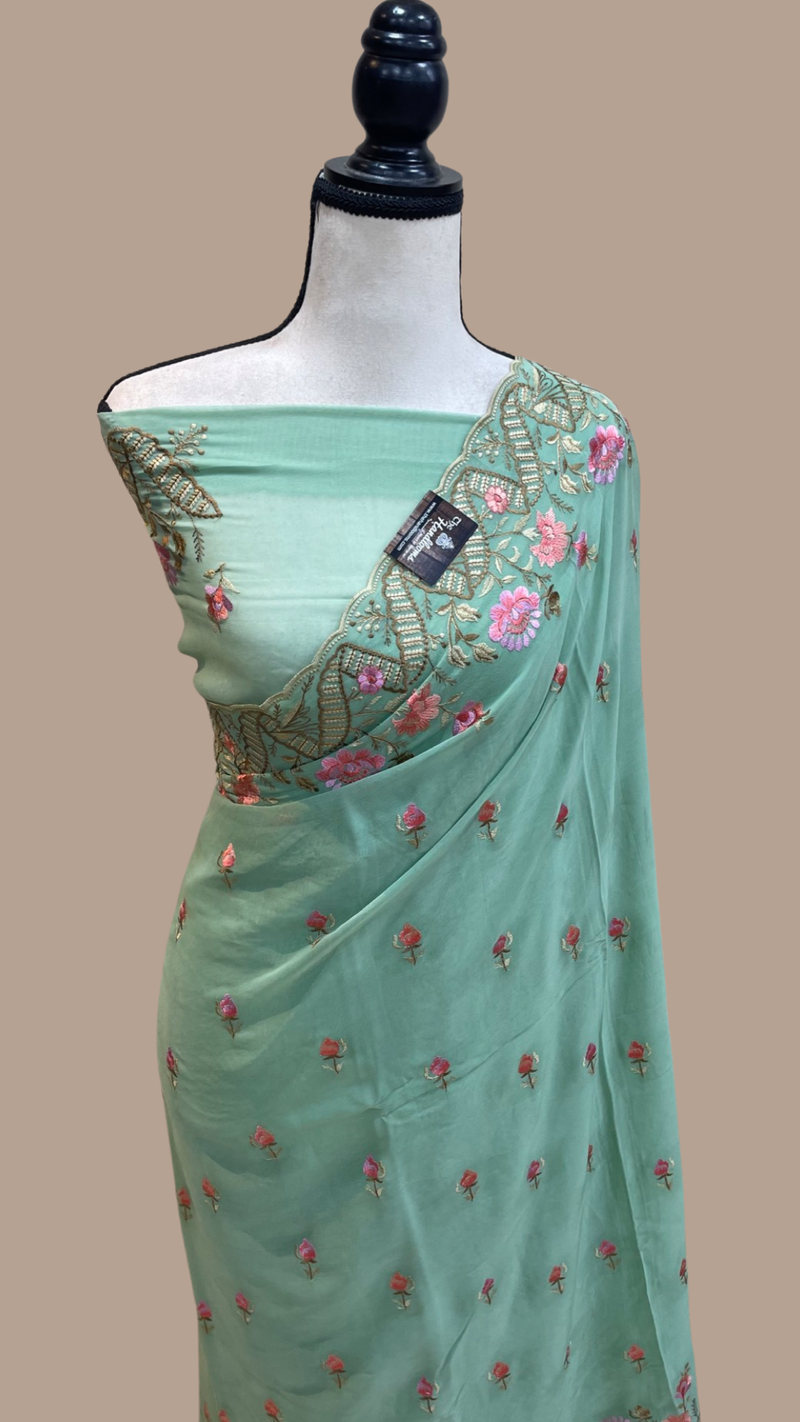 Pure Georgette Chikankari Handloom Banarasi Saree - The Handlooms