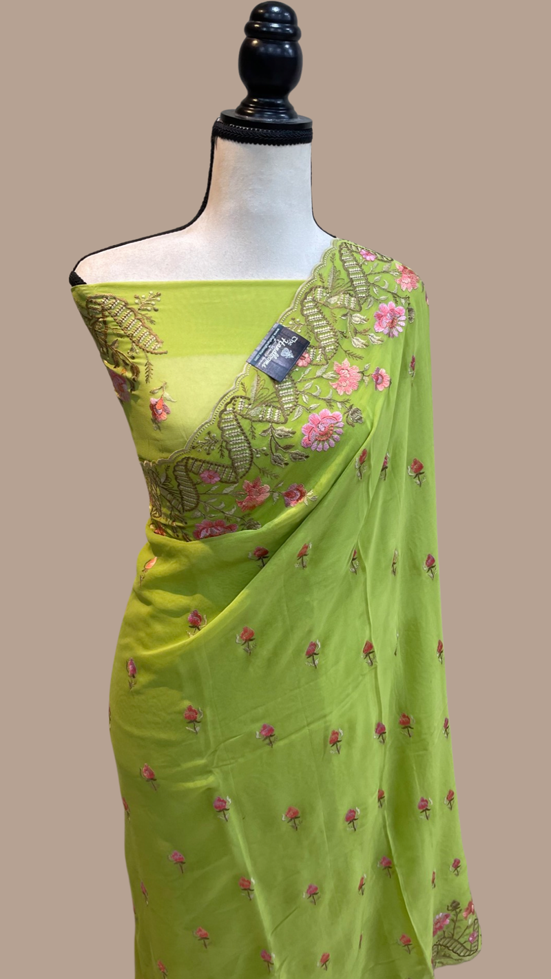 Pure Georgette Chikankari Handloom Banarasi Saree - The Handlooms