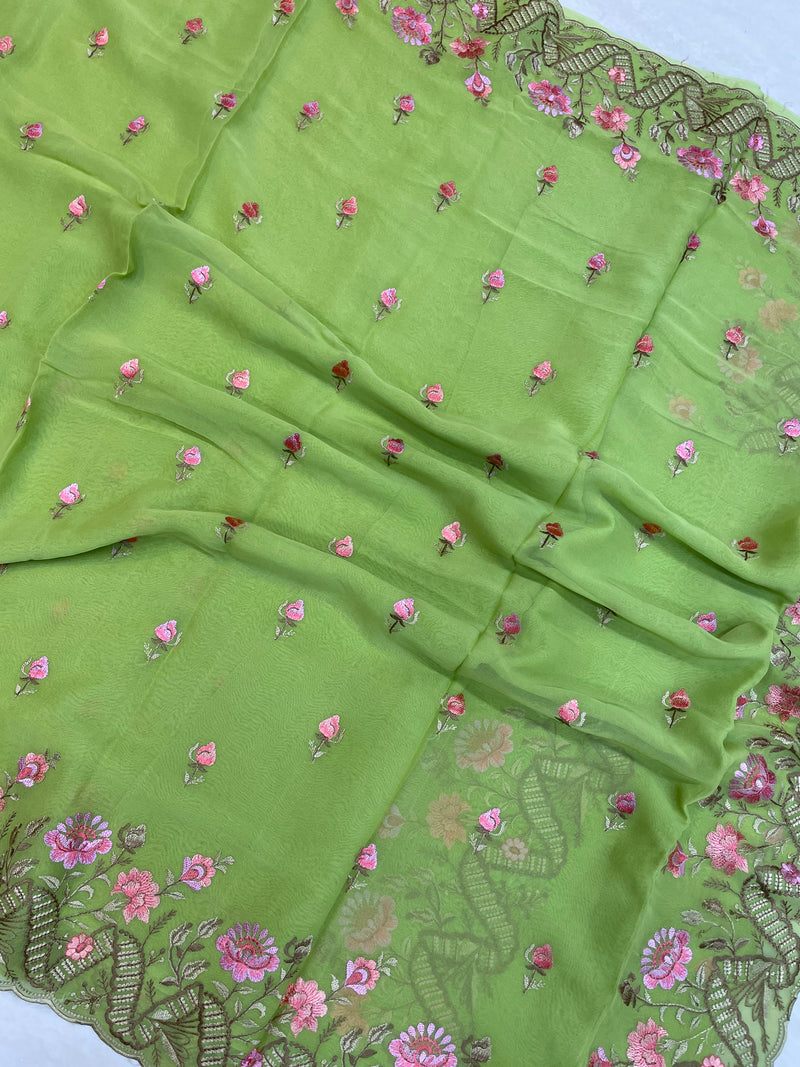 Pure Georgette Chikankari Handloom Banarasi Saree - The Handlooms